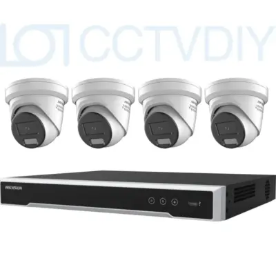 Hikvision Kits 4x4MP ColorVu Strobe Light and Audible Warning Turret Camera(DS-2CD2347G2-*) + 1x4CH NVR (DS7604NI-M1/4P)